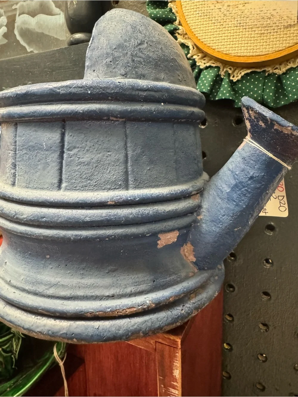 Vintage Blue Decorative Vessel Elephant Handle Distressed Unique One Of A Kind